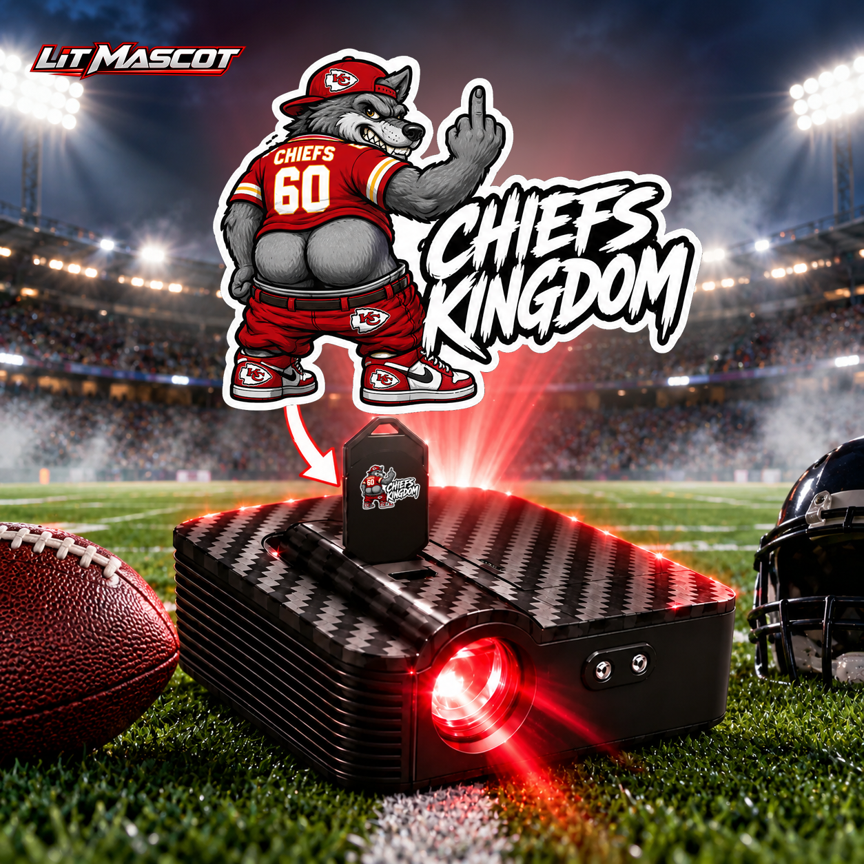 Chiefs Kingdom mascot projector light - Full Moon glowing over the Lit Mascot door projector