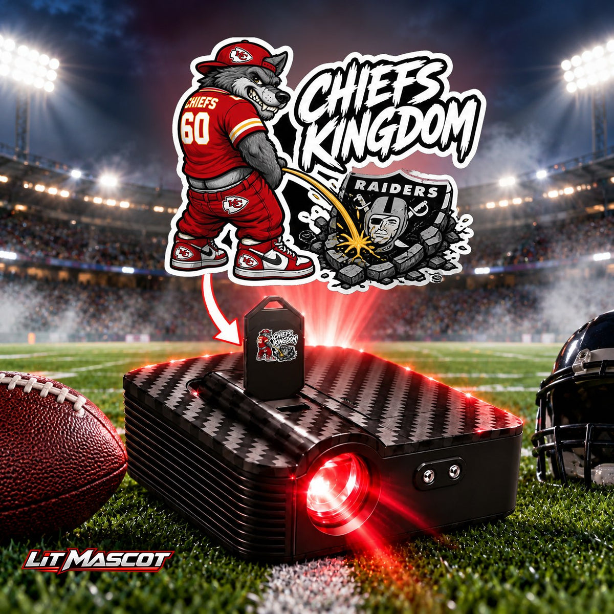 Chiefs Kingdom mascot projector light - Star Shower glowing over the Lit Mascot door projector