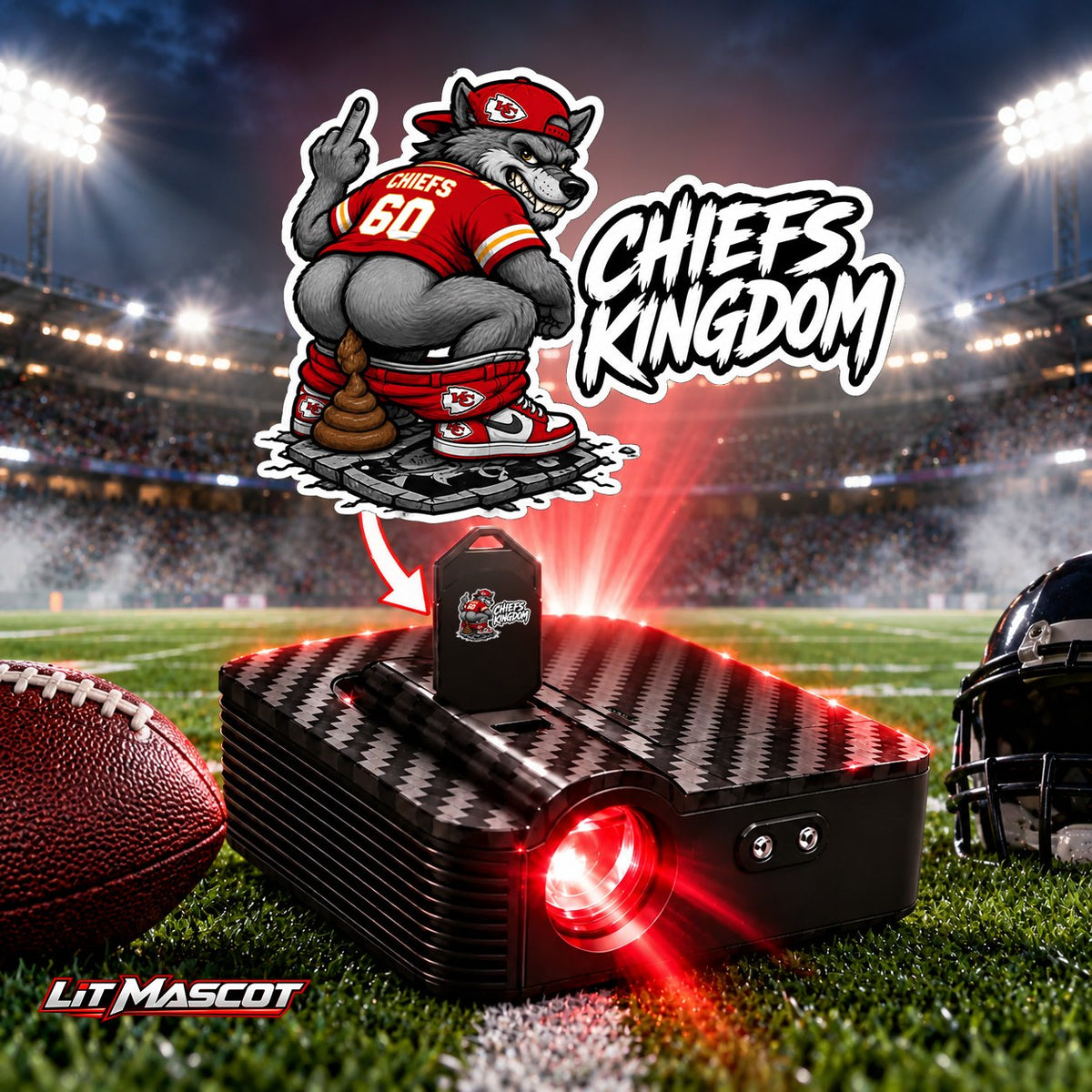 Chiefs Kingdom mascot projector light - Bombs Away glowing over the Lit Mascot door projector