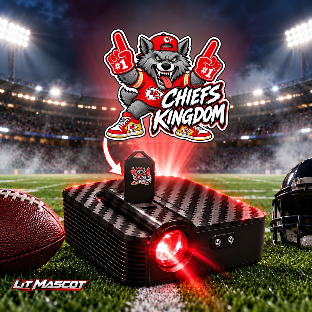 Chiefs Kingdom mascot projector light - PG #1 glowing over the Lit Mascot door projector