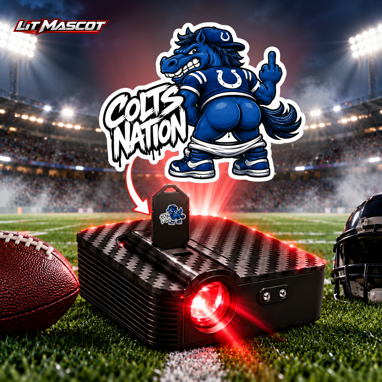 Colts Nation mascot projector light - Full Moon glowing over the Lit Mascot door projector