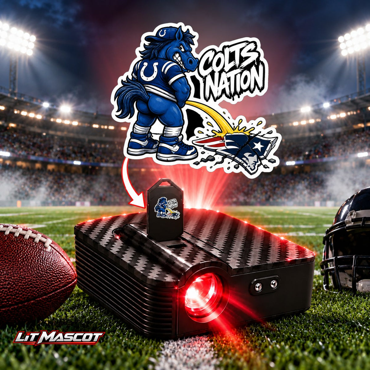 Colts Nation mascot projector light - Star Shower glowing over the Lit Mascot door projector
