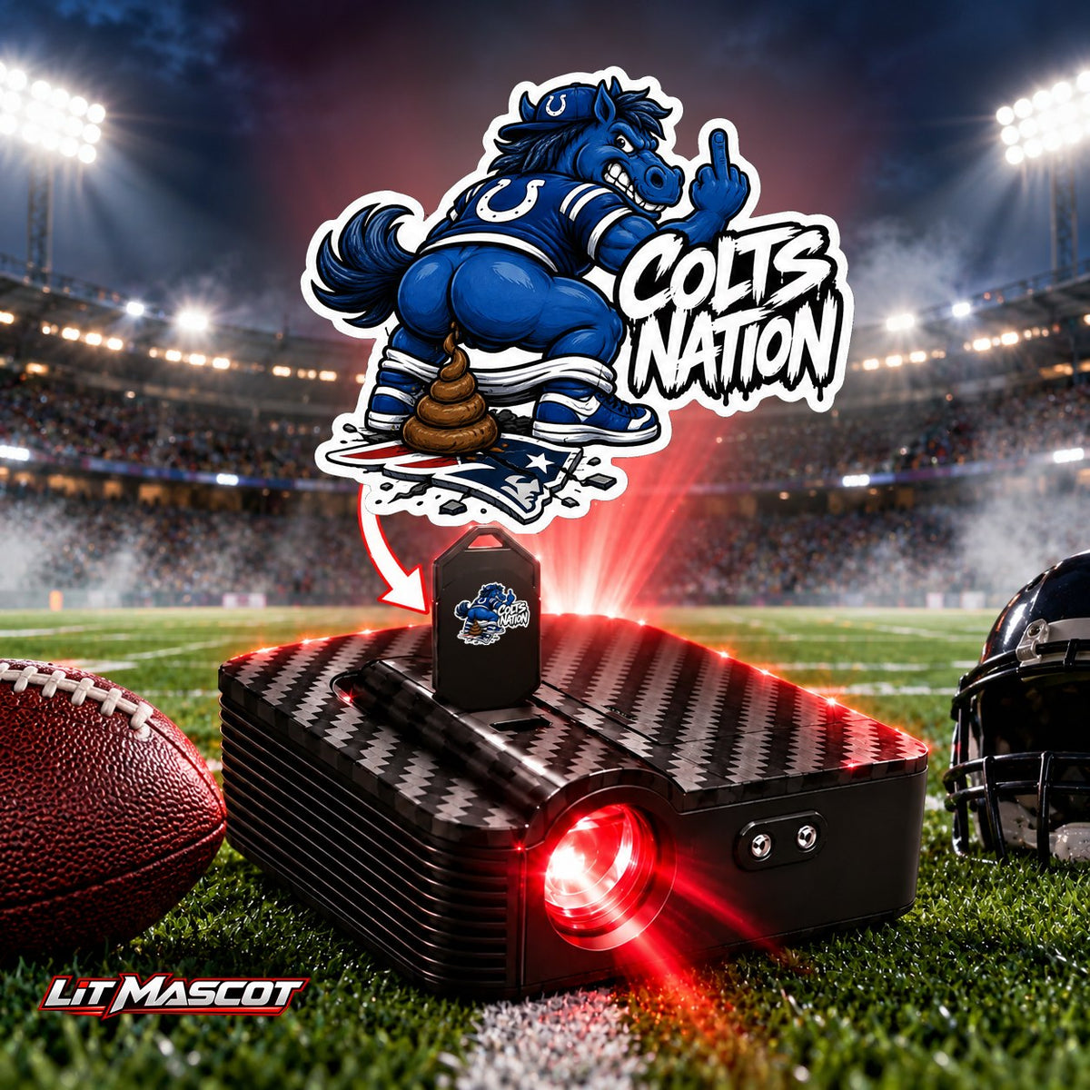 Colts Nation mascot projector light - Bombs Away glowing over the Lit Mascot door projector