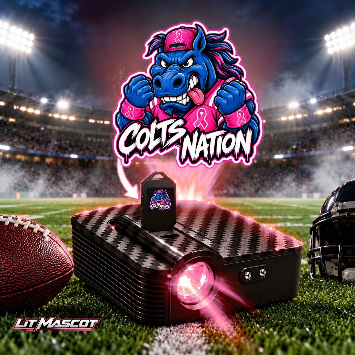 Colts Nation mascot projector light - Pink Fighter glowing over the Lit Mascot door projector