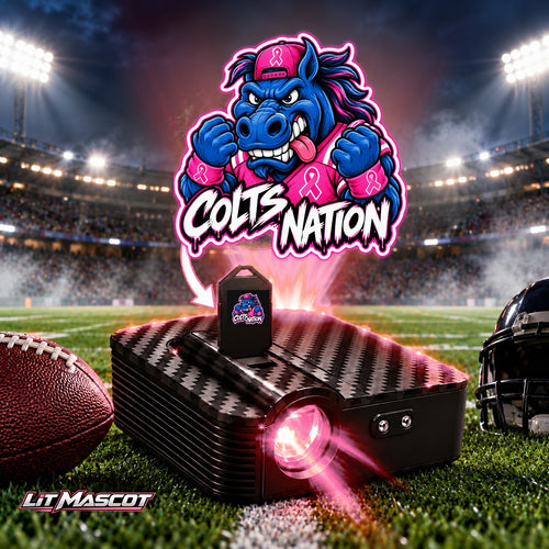 Colts Nation mascot projector light - Pink Fighter glowing over the Lit Mascot door projector