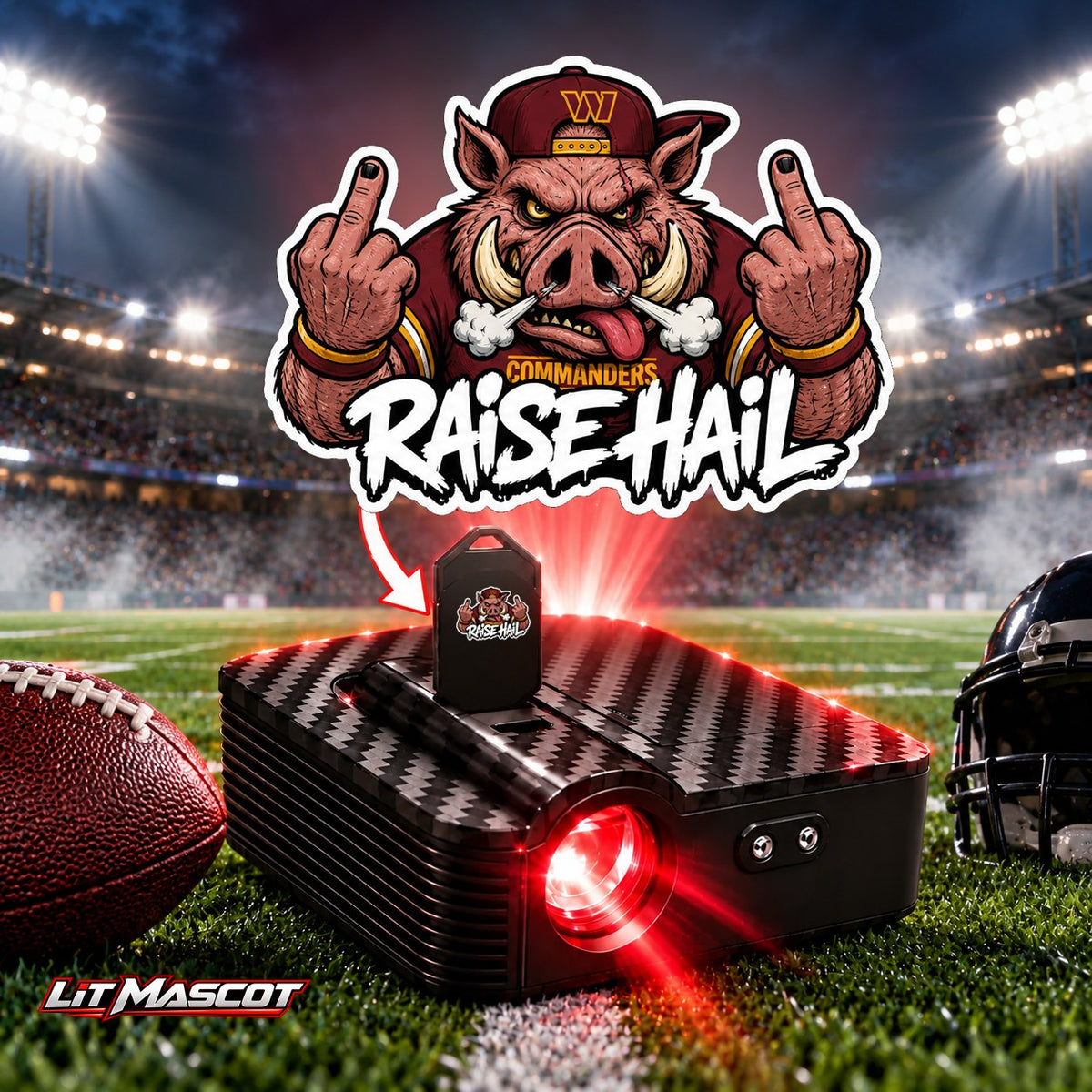 Raise Hail mascot projector light - Double Birds glowing over the Lit Mascot door projector
