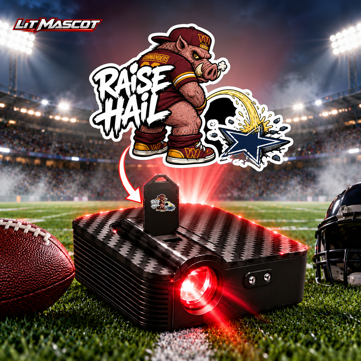 Raise Hail mascot projector light - Star Shower glowing over the Lit Mascot door projector