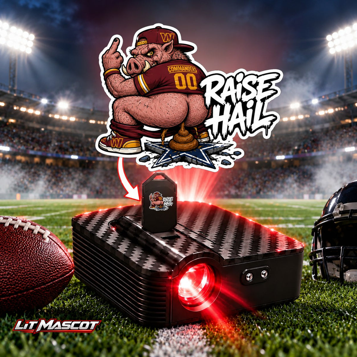 Raise Hail mascot projector light - Bombs Away glowing over the Lit Mascot door projector