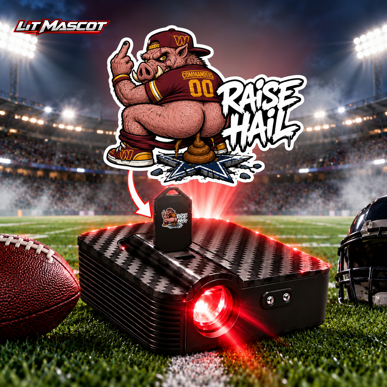Raise Hail mascot projector light - Bombs Away glowing over the Lit Mascot door projector