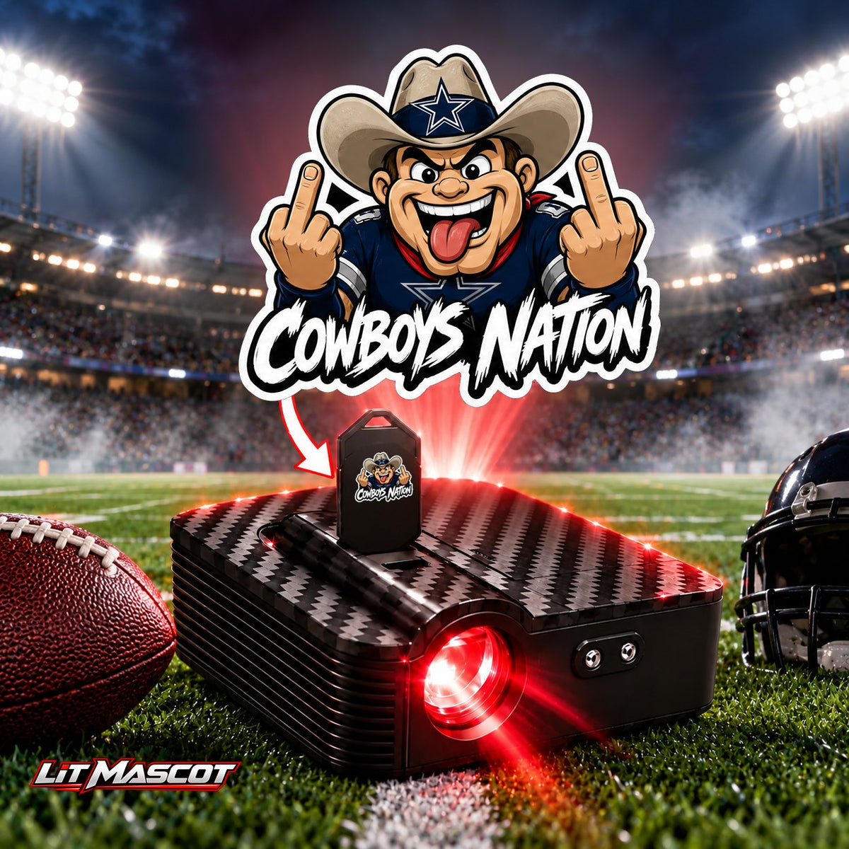 Cowboys Nation mascot projector light - Double Birds glowing over the Lit Mascot door projector