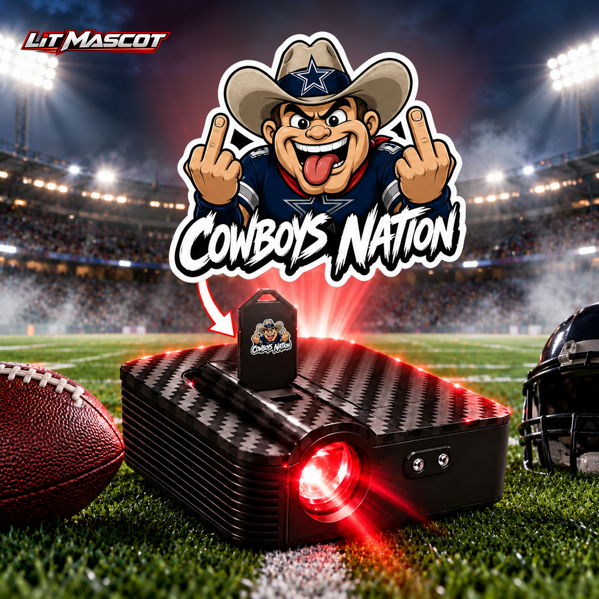 Cowboys Nation mascot projector light - Double Birds glowing over the Lit Mascot door projector