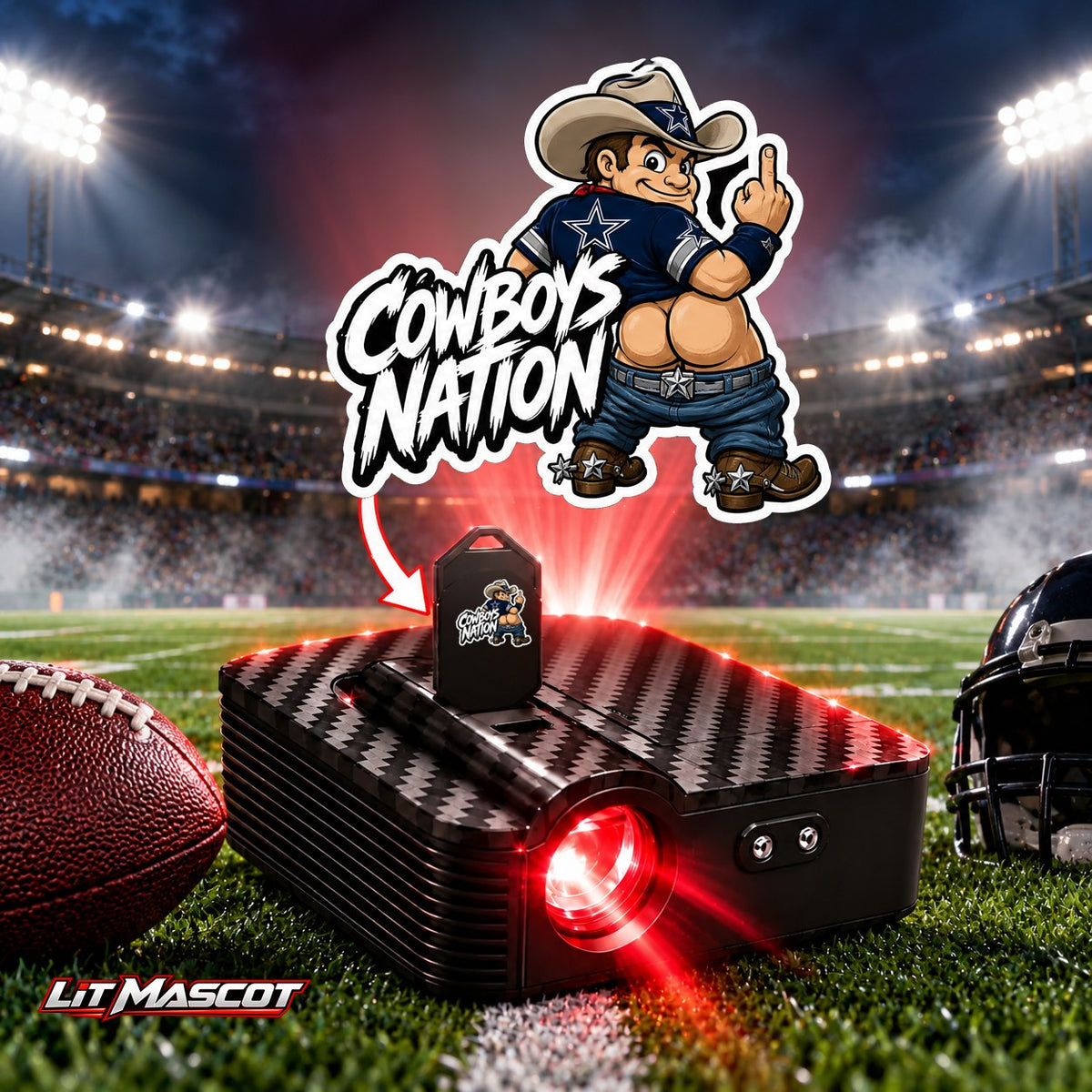 Cowboys Nation mascot projector light - Full Moon glowing over the Lit Mascot door projector