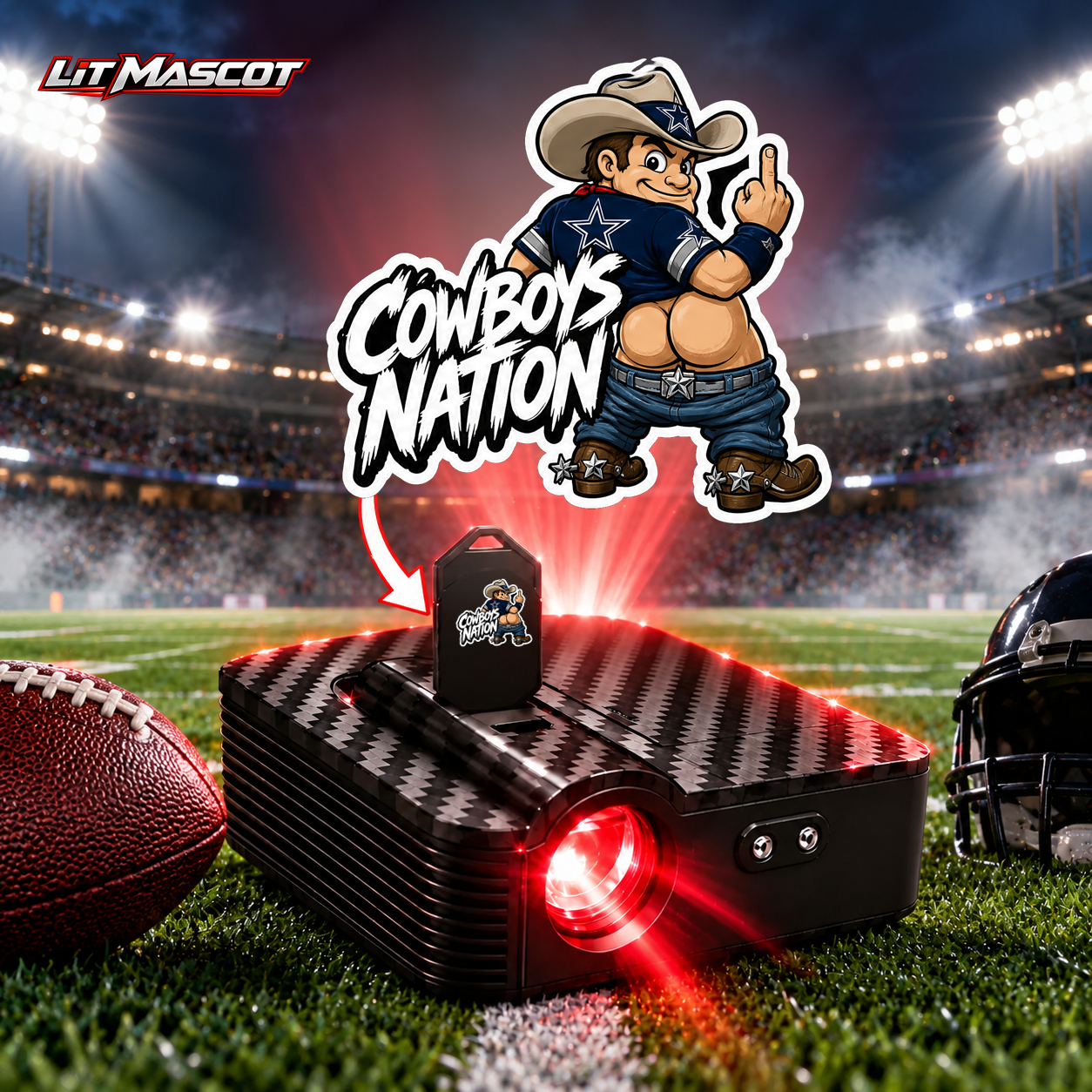 Cowboys Nation mascot projector light - Full Moon glowing over the Lit Mascot door projector