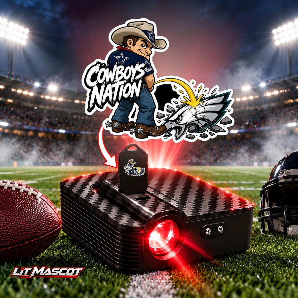 Cowboys Nation mascot projector light - Star Shower glowing over the Lit Mascot door projector