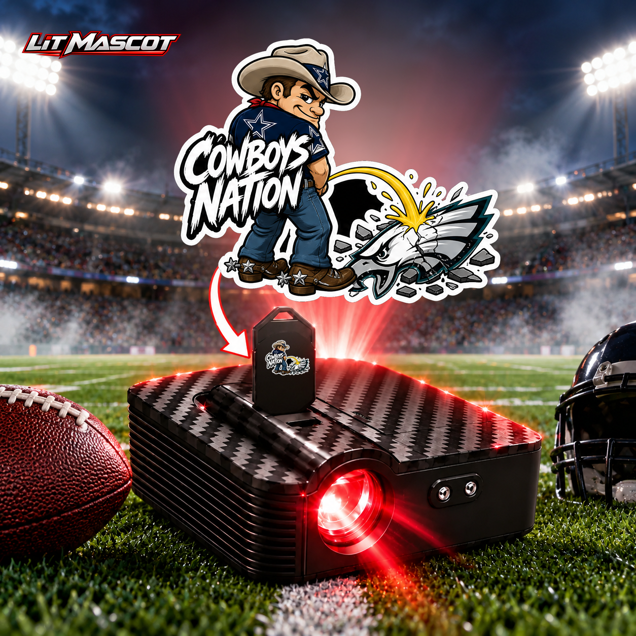 Cowboys Nation mascot projector light - Star Shower glowing over the Lit Mascot door projector
