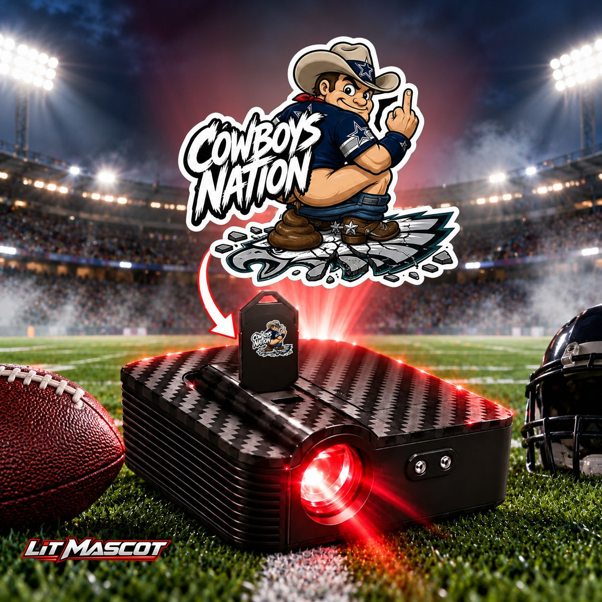 Cowboys Nation mascot projector light - Bombs Away glowing over the Lit Mascot door projector