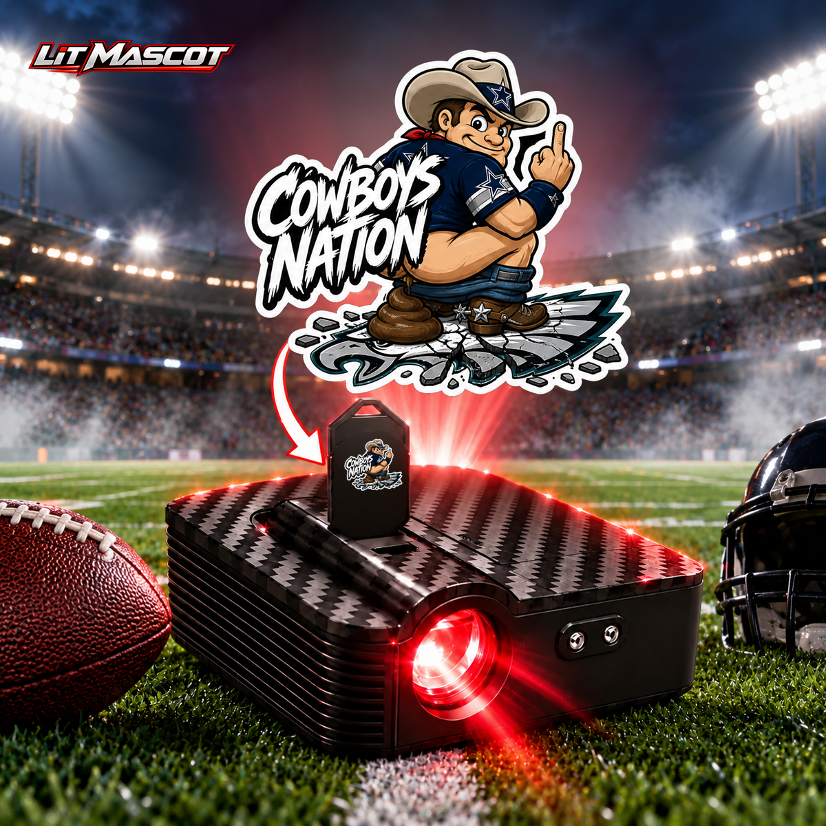 Cowboys Nation mascot projector light - Bombs Away glowing over the Lit Mascot door projector