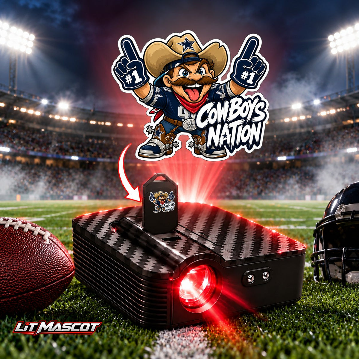 Cowboys Nation mascot projector light - PG #1 glowing over the Lit Mascot door projector