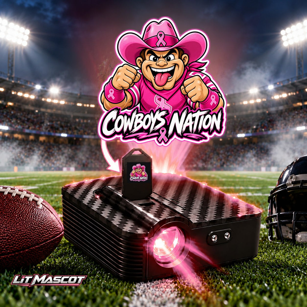 Cowboys Nation mascot projector light - Pink Fighter glowing over the Lit Mascot door projector