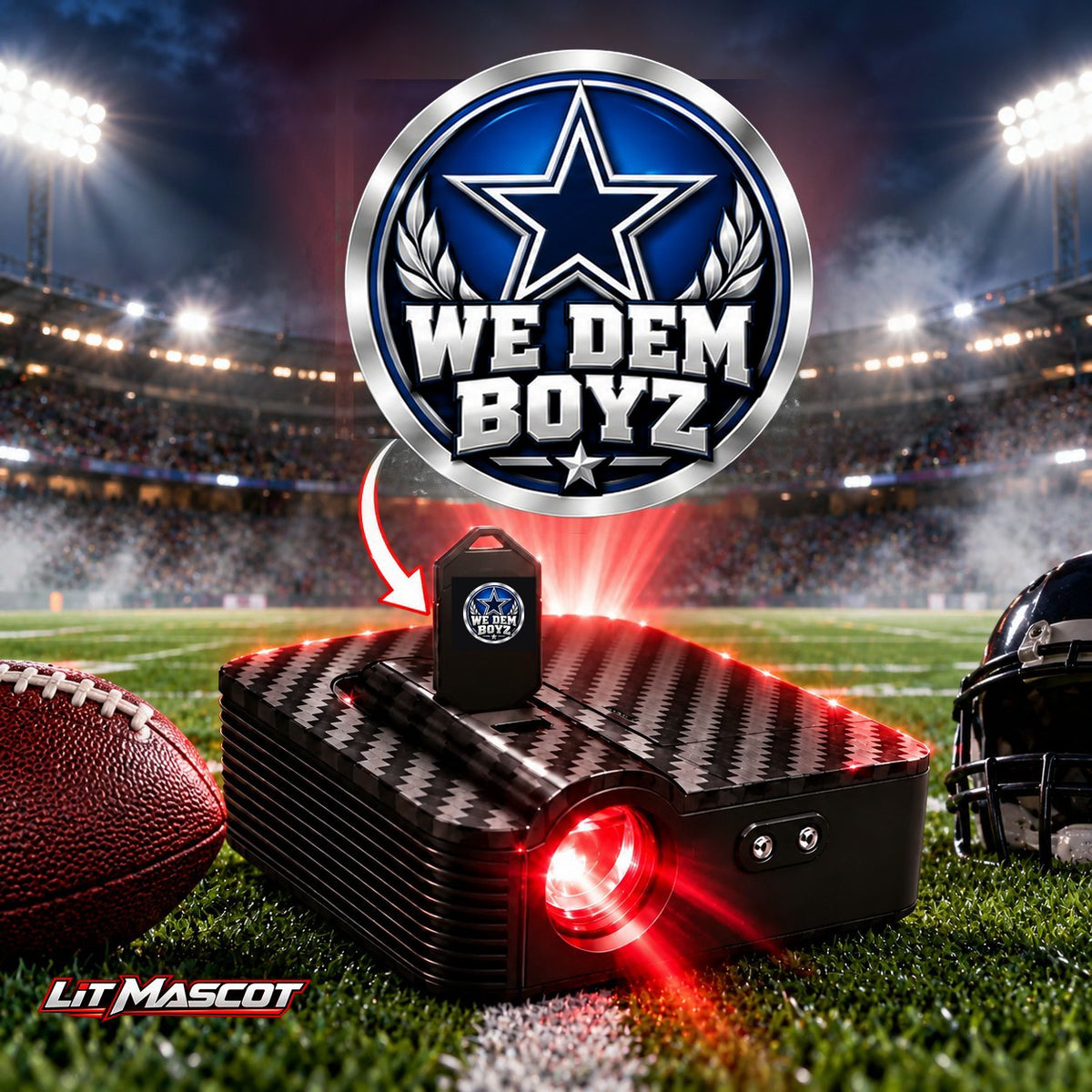 Cowboys Nation mascot projector light - We Dem Boyz glowing over the Lit Mascot door projector