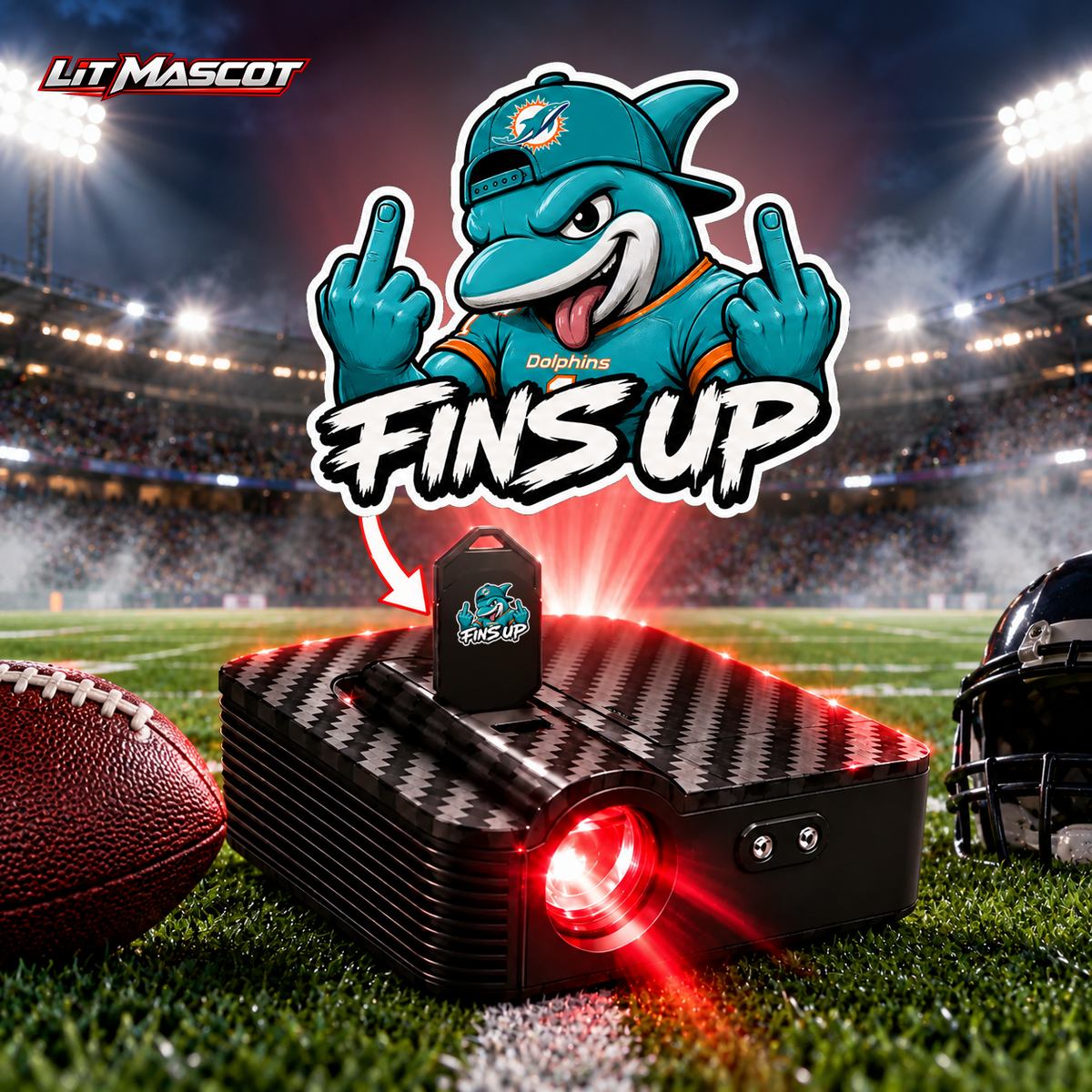 Fins Up mascot projector light - Double Birds glowing over the Lit Mascot door projector