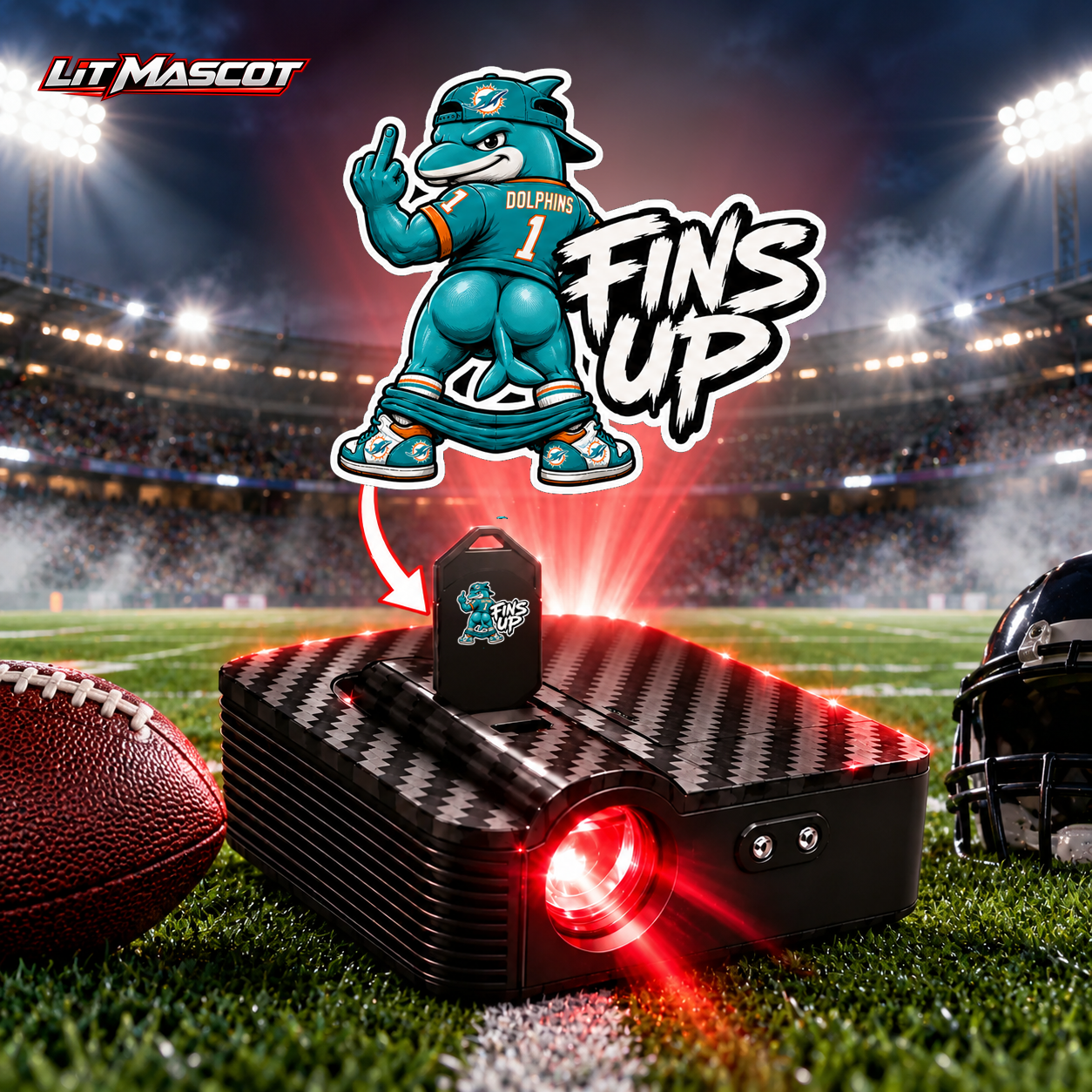 Fins Up mascot projector light - Full Moon glowing over the Lit Mascot door projector