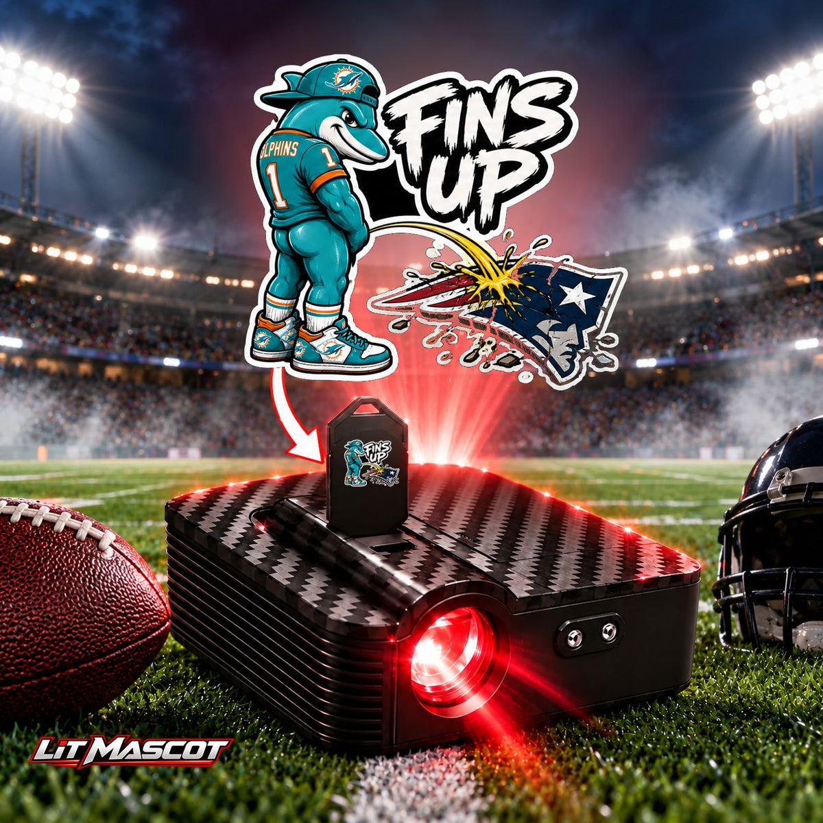 Fins Up mascot projector light - Star Shower glowing over the Lit Mascot door projector