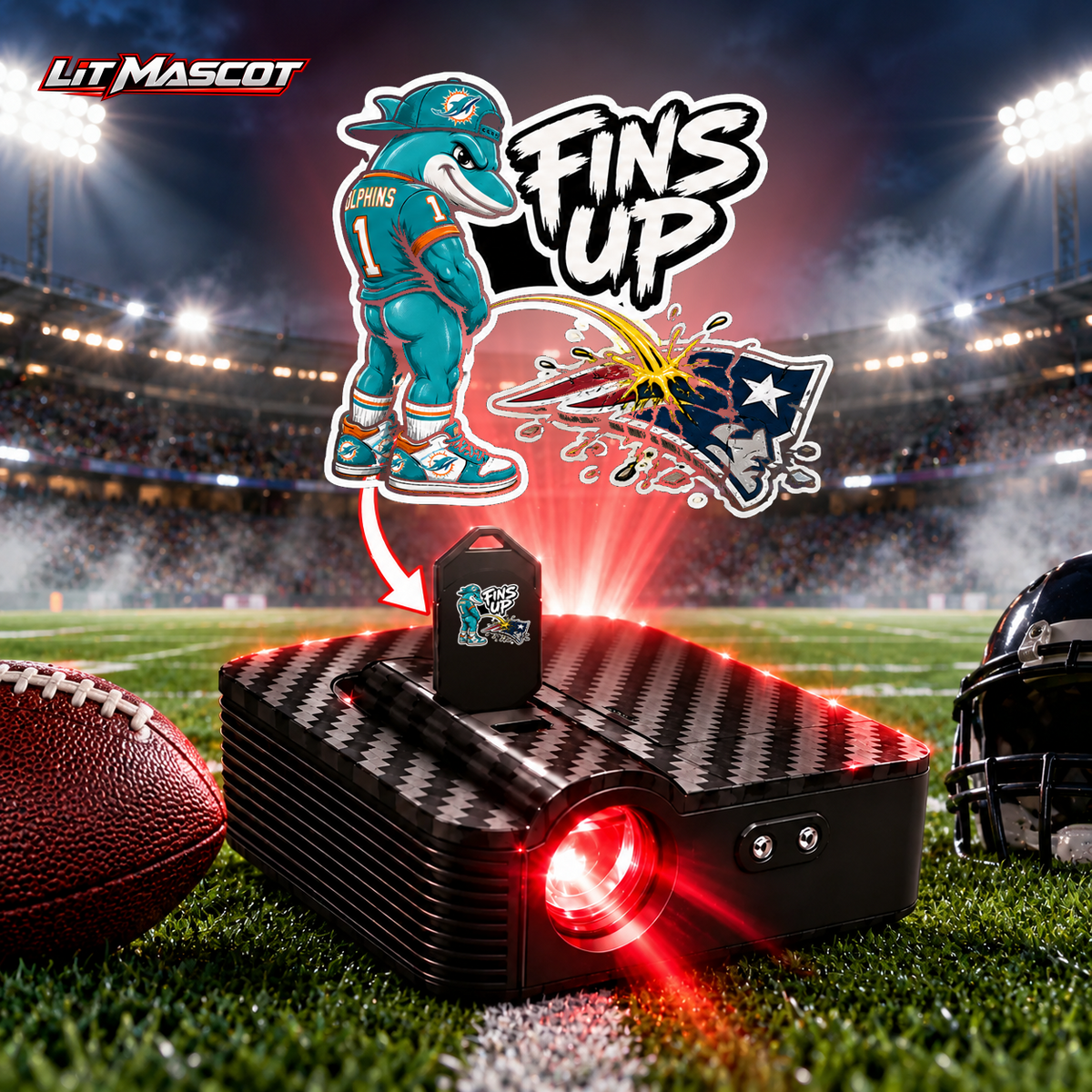 Fins Up mascot projector light - Star Shower glowing over the Lit Mascot door projector