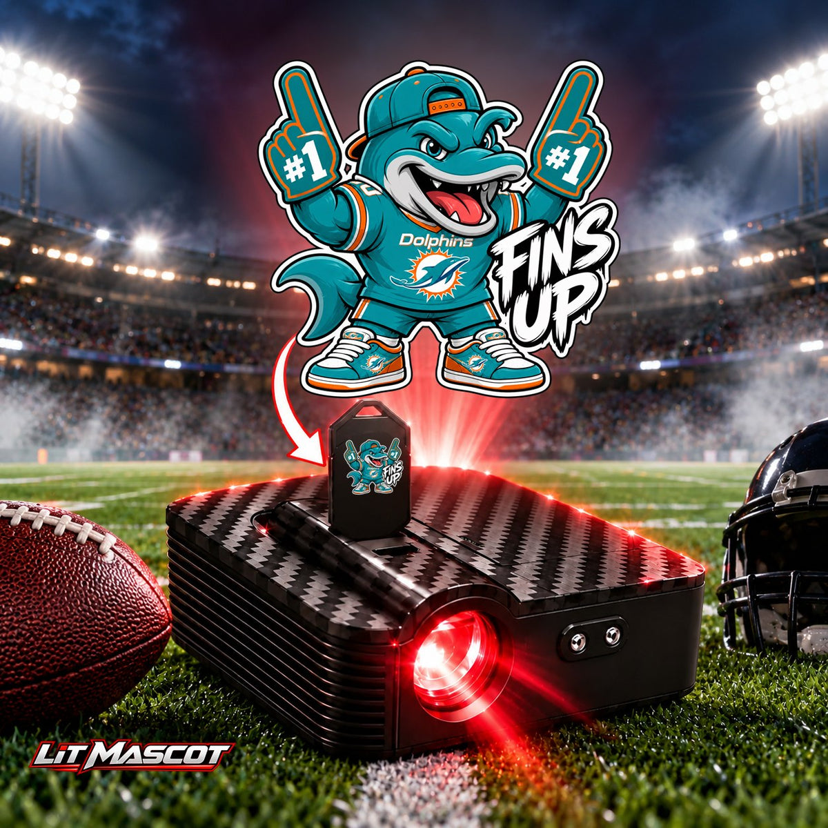 Fins Up mascot projector light - PG #1 glowing over the Lit Mascot door projector