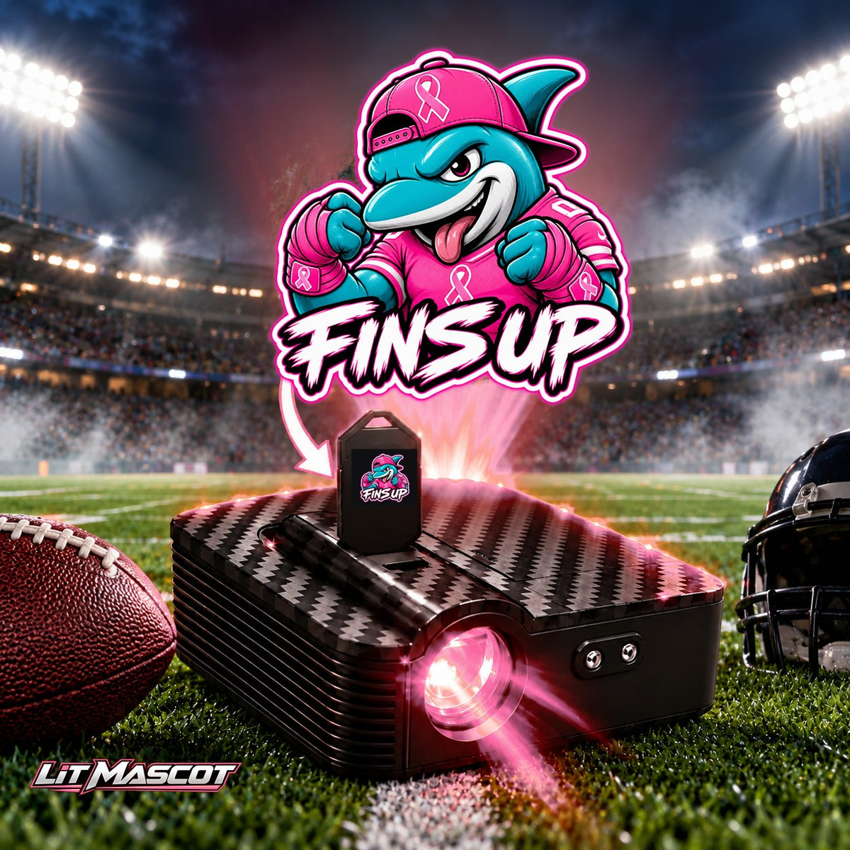 Fins Up mascot projector light - Pink Fighter glowing over the Lit Mascot door projector