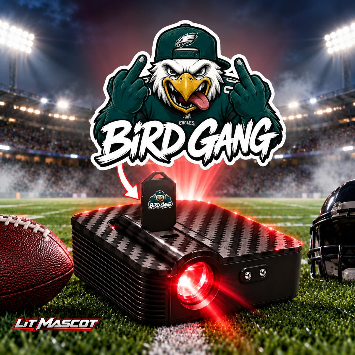 Bird Gang mascot projector light - Double Birds glowing over the Lit Mascot door projector