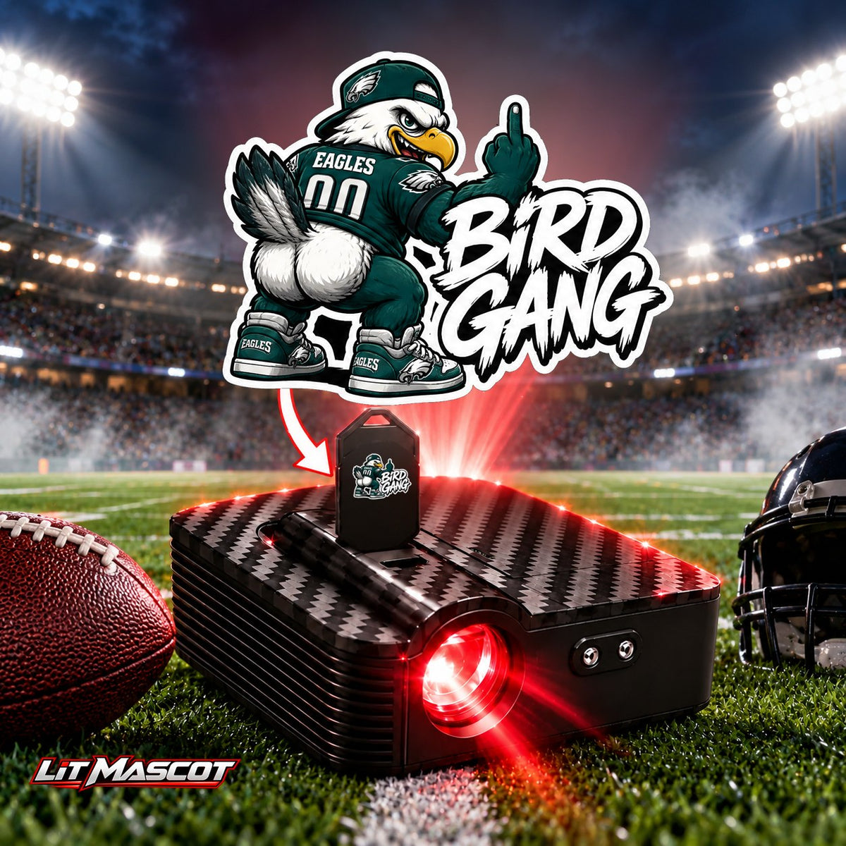 Bird Gang mascot projector light - Full Moon glowing over the Lit Mascot door projector