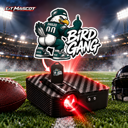 Bird Gang mascot projector light - Full Moon glowing over the Lit Mascot door projector