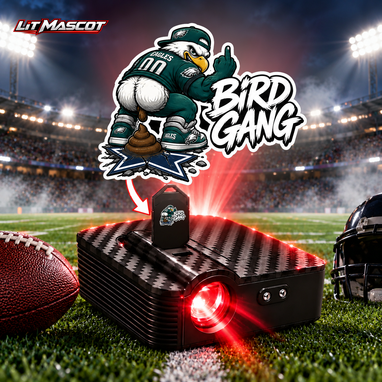 Bird Gang mascot projector light - Bombs Away glowing over the Lit Mascot door projector