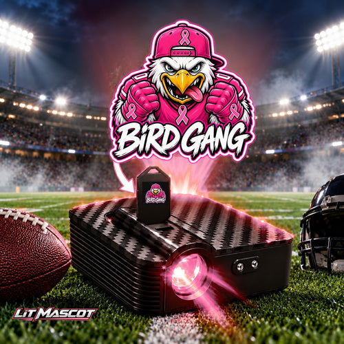 Bird Gang mascot projector light - Pink Fighter glowing over the Lit Mascot door projector