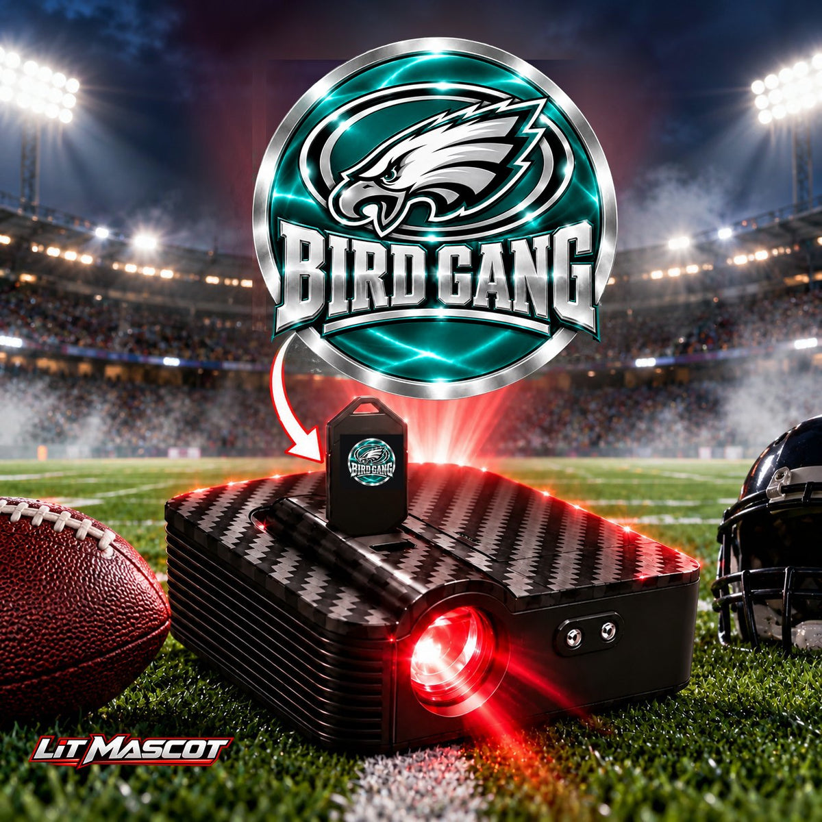 Bird Gang mascot projector light - Bird Gang glowing over the Lit Mascot door projector
