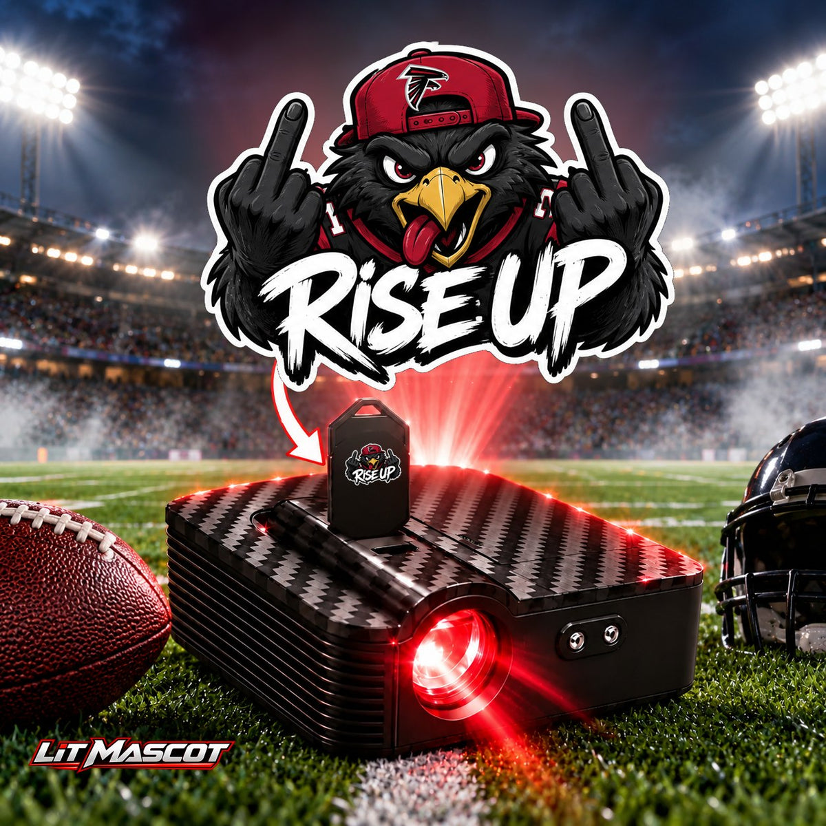 Rise Up mascot projector light - Double Birds glowing over the Lit Mascot door projector