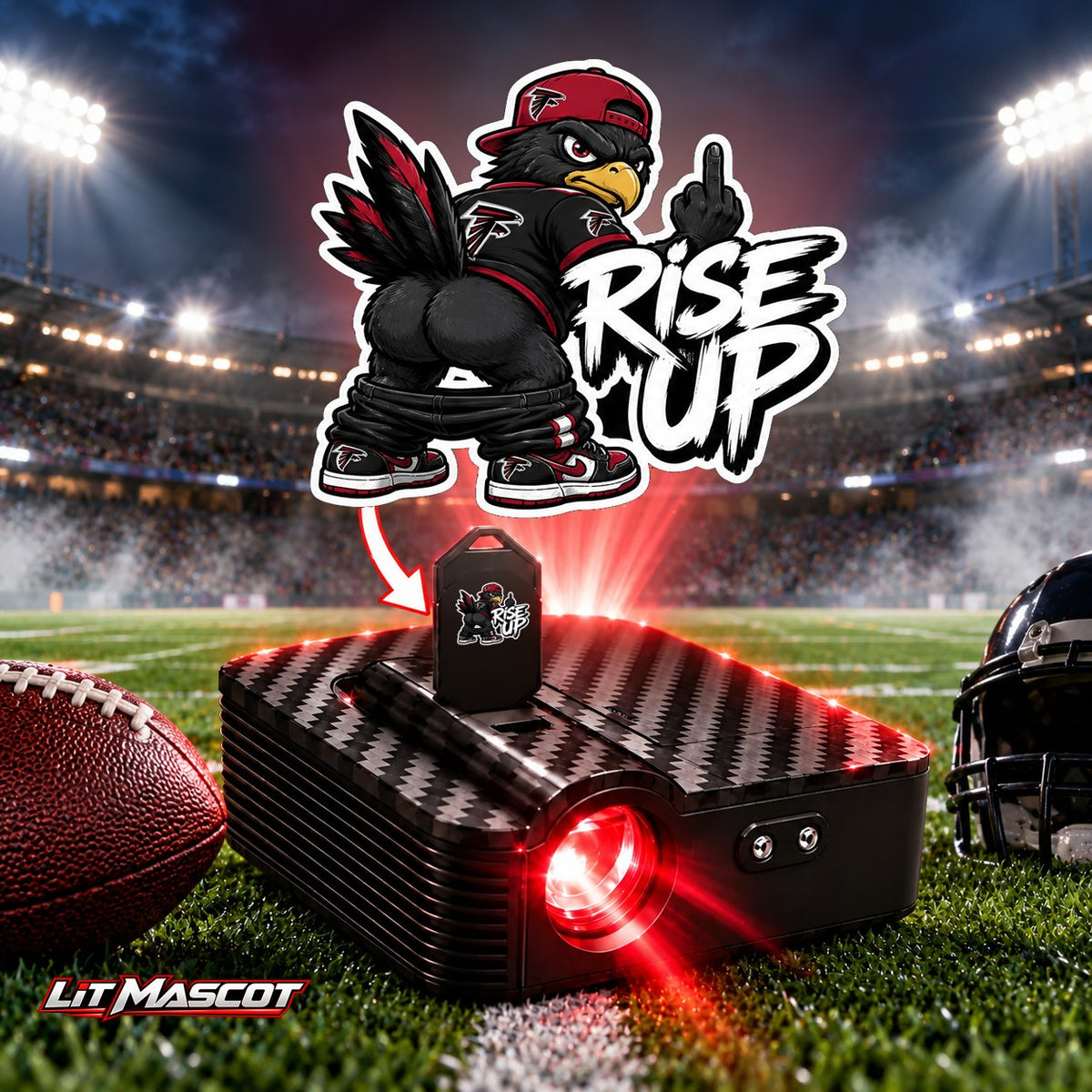 Rise Up mascot projector light - Full Moon glowing over the Lit Mascot door projector
