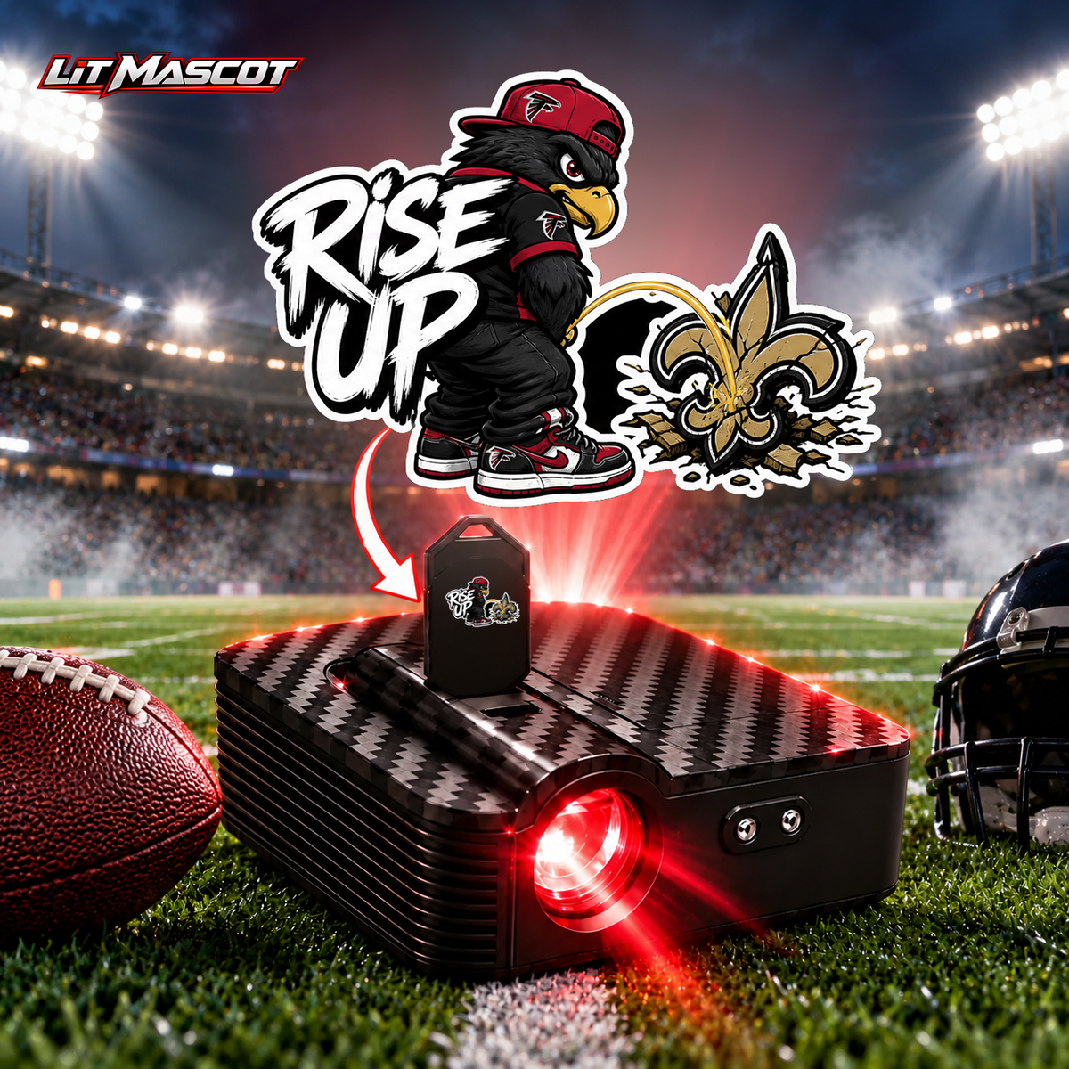 Rise Up mascot projector light - Star Shower glowing over the Lit Mascot door projector