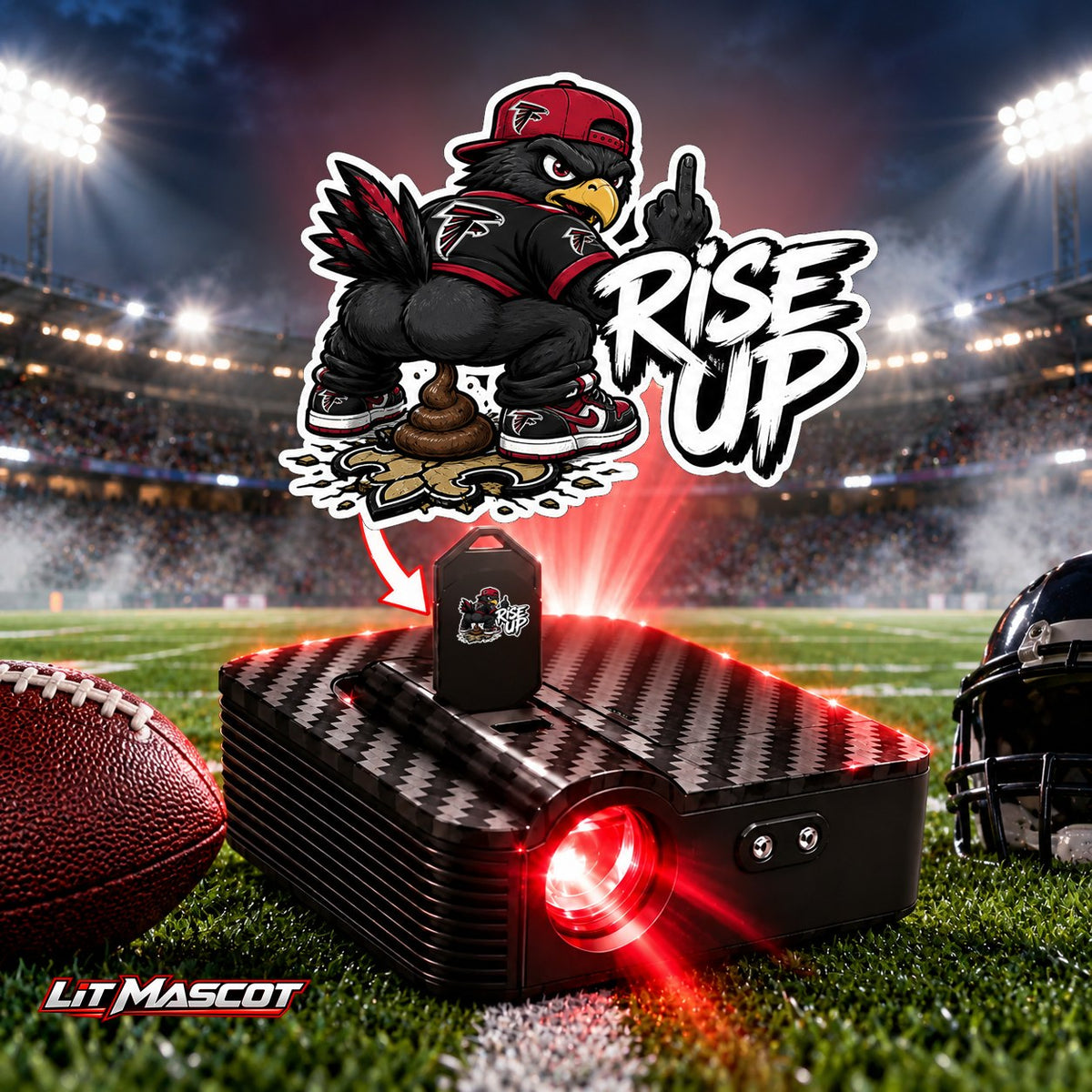 Rise Up mascot projector light - Bombs Away glowing over the Lit Mascot door projector