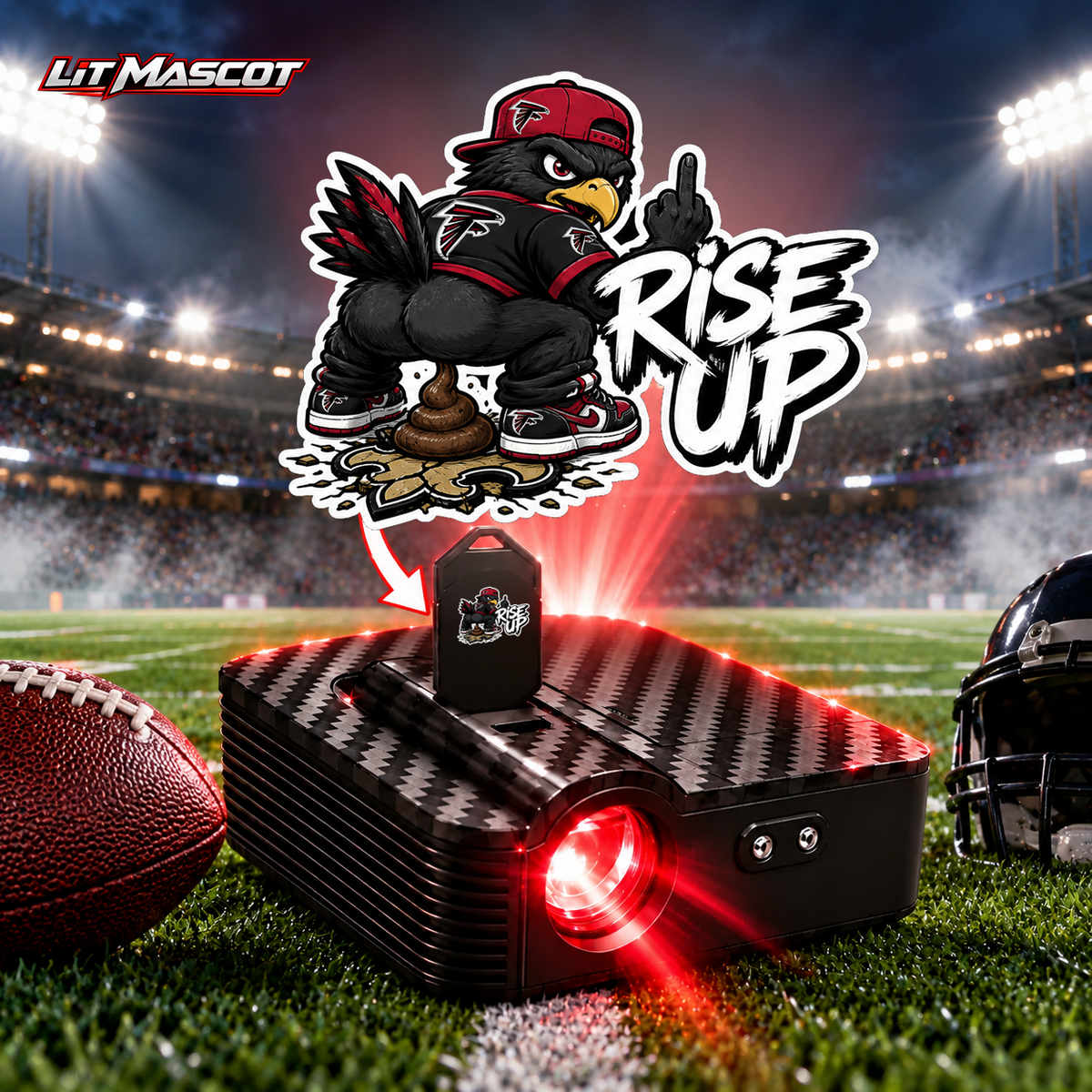 Rise Up mascot projector light - Bombs Away glowing over the Lit Mascot door projector