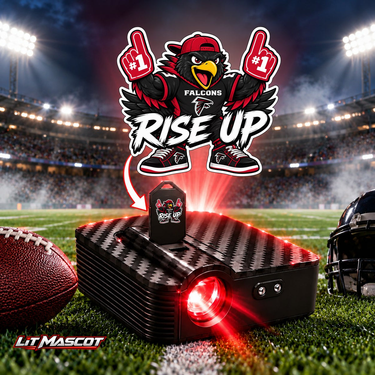 Rise Up mascot projector light - PG #1 glowing over the Lit Mascot door projector