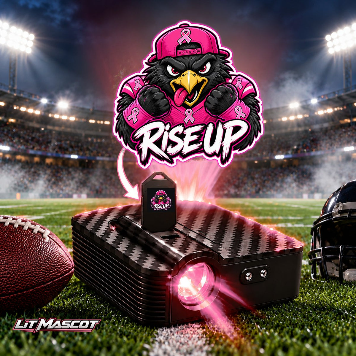 Rise Up mascot projector light - Pink Fighter glowing over the Lit Mascot door projector