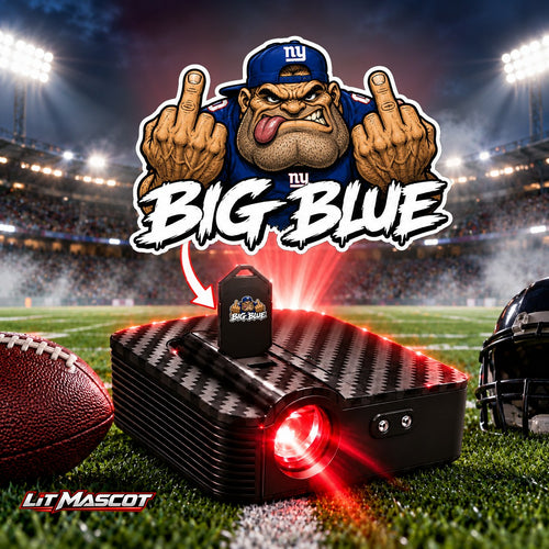 Big Blue mascot projector light - Double Birds glowing over the Lit Mascot door projector