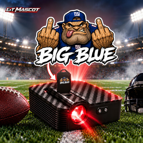 Big Blue mascot projector light - Double Birds glowing over the Lit Mascot door projector