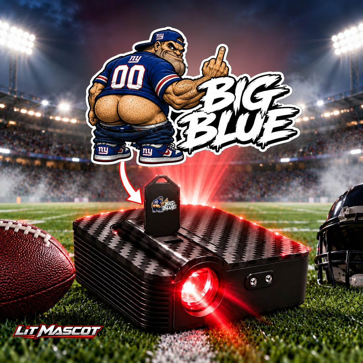Big Blue mascot projector light - Full Moon glowing over the Lit Mascot door projector