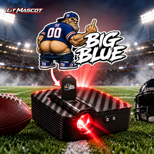 Big Blue mascot projector light - Full Moon glowing over the Lit Mascot door projector