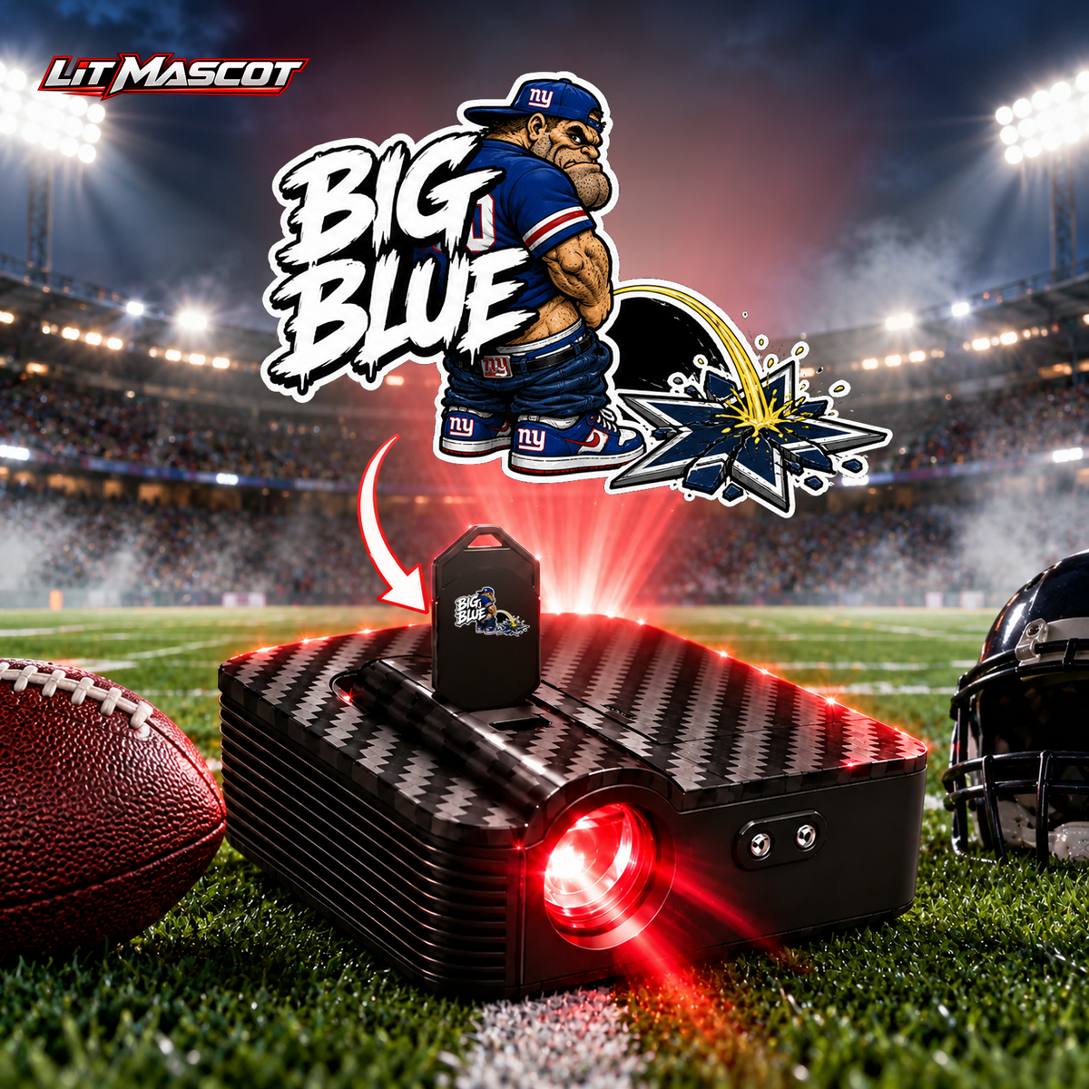 Big Blue mascot projector light - Star Shower glowing over the Lit Mascot door projector