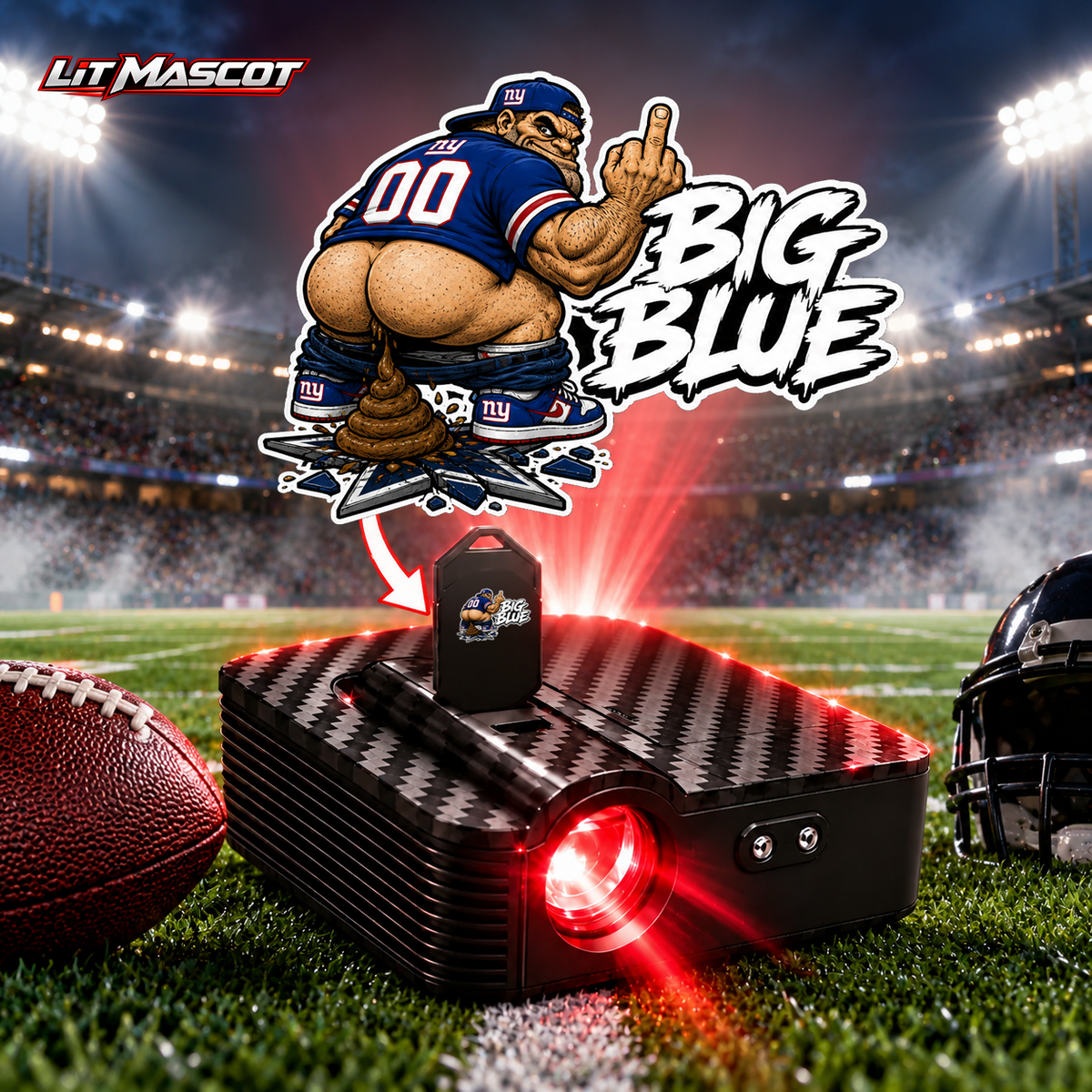 Big Blue mascot projector light - Bombs Away glowing over the Lit Mascot door projector