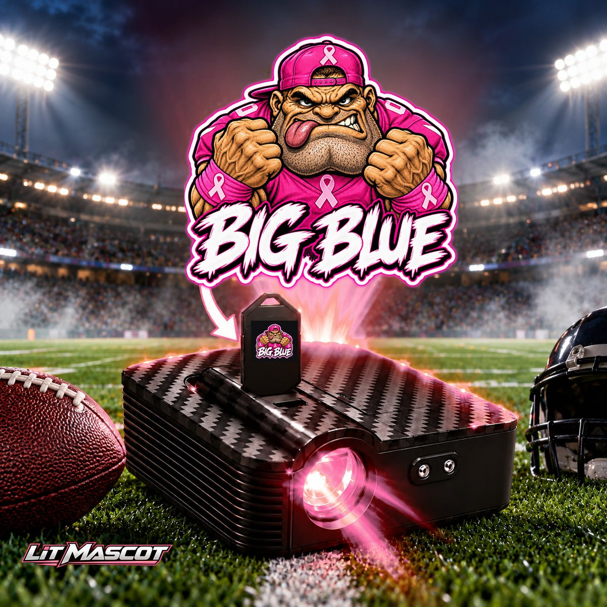 Big Blue mascot projector light - Pink Fighter glowing over the Lit Mascot door projector